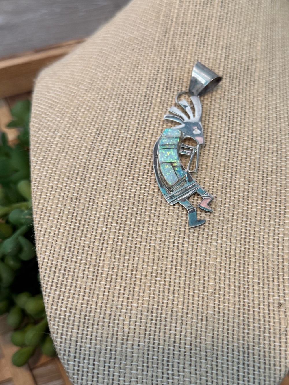 Sterling Silver Kokopelli Pendant with Opal Inlay Signed